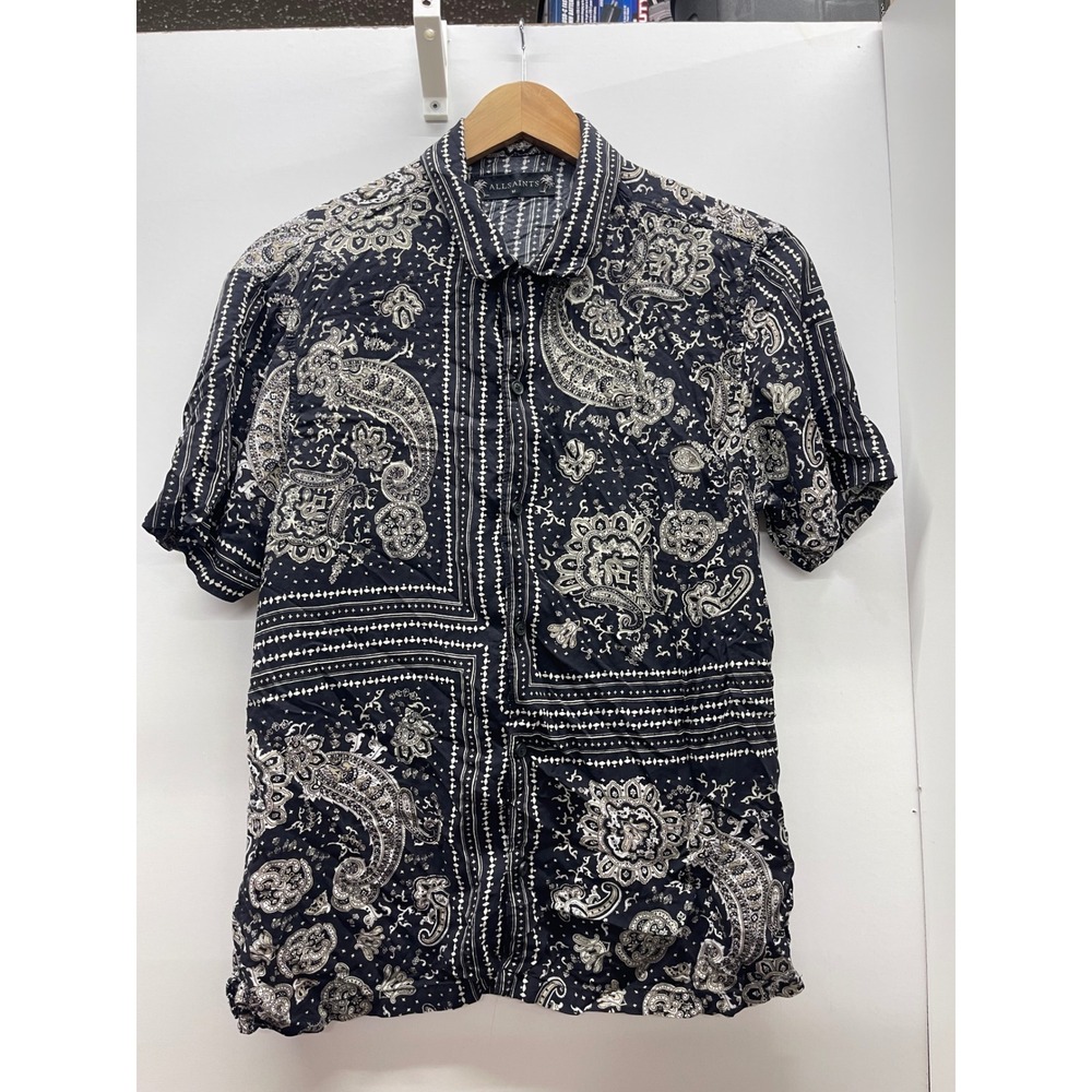 AllSaints Mens Bandana Paisley Print Short Sleeve Viscose Shirt Black White M